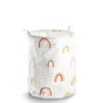 A round laundry basket with a rainbow pattern on a white background.