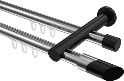 Produktbild von Interdeco Innenlaufstange / Gardinenstange mit Innenlauf Chrom / Schwarz, Typ Platon Verano (Schräge Bicolor), 20 mm Ø 2-läufig, 200 cm