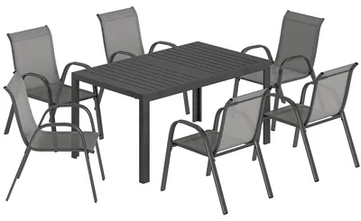 Produktbild von Gartenmöbel Set Sitzgruppe 7-teilig Tisch mit 6 Atmungsaktiven Stapelstühlen Lamelldesign Hellgrau