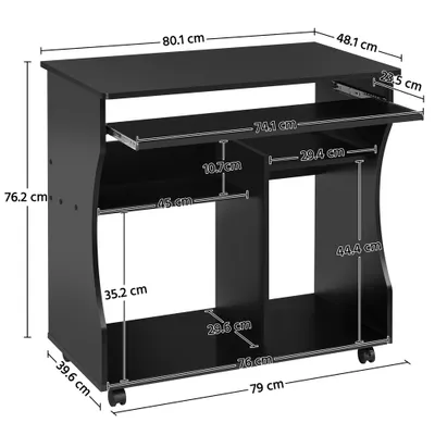 A black computer desk with dimensions shown in centimeters.