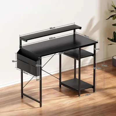 Produktbild von Schreibtisch - Computertisch 100x50 cm - LED-Beleuchtung - Monitorständer - 2 Ablagen - Aufbewahrungstasche - Schwarz