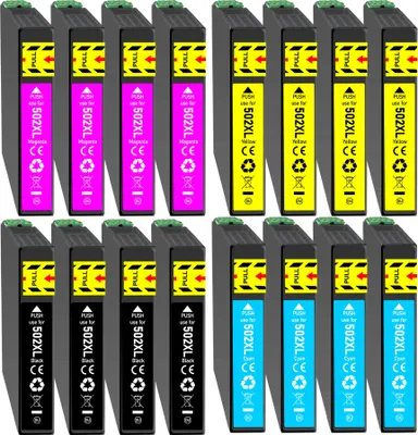 A collection of printer ink cartridges arranged in rows.