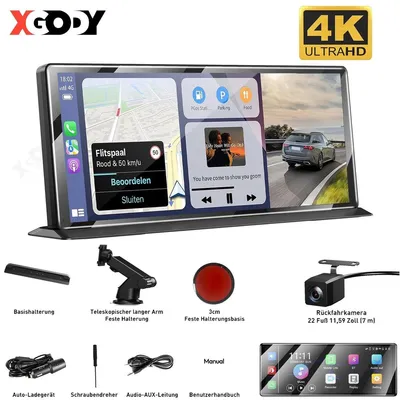 Zdjęcie produktu dla Radio samochodowe z ekranem dotykowym 11 cali, obsługujące Apple CarPlay i Android Auto, z bezprzewodowym połączeniem, wbudowaną kamerą samochodową 4K (przód i tył), lusterkiem wstecznym z monitorem, funkcją noktowizji, czujnikiem G oraz trybem parkowania