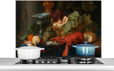 Produktbild von KitchenYeah®  Spritzschutz Küche - Küchenrückwand - Wandschutz für Herd und Spüle - Stilleben mit einem goldenen Kelch - Gemälde - Alte Meister 100x65 - Alu-Dibond (Alternative zum Spritzschutz aus Gl