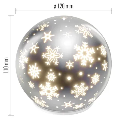 LED vánoční skleněná koule – vločky, 12 cm, 3x AA, vnitřní, teplá bílá, časovač