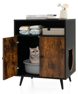 Image de FANTASK, meuble 2 en 1 pour chats, en bois, avec litière intégrée, double porte et entrée