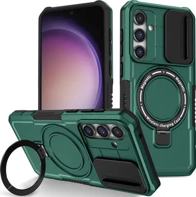 Produktbild von Handyhülle für Samsung Galaxy S23 FE Kompatibel mit MagSafe, Robuste Hülle mit Schiebe Kamera Schutz, Magnetischer Ringständer Dunkelgrün