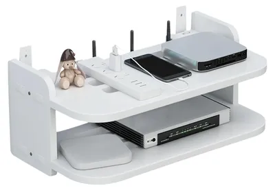 Zdjęcie produktu dla Półka na router i dekoder, 30 cm, biała, dwuwarstwowa, wykonana z kompozytu drewno-plastikowego
