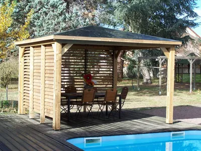 Image de Pool House Blueterm - Bois Thermochauffé - Toit en Panneaux ACP - 2 Parois avec Ventelles Mobiles