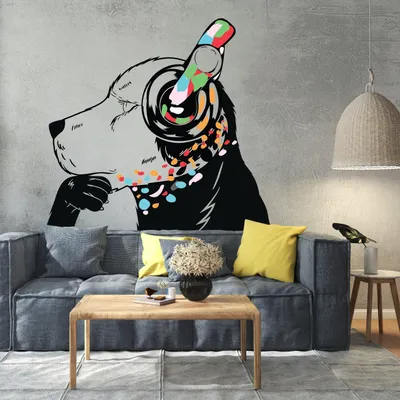 Obrázek produktu pro Decords, nástěnní dekorace – pes s myšlenkami, s náhlavními sluchátky, ve stylu street art, rozměry 201 x 137 cm, umístění vlevo