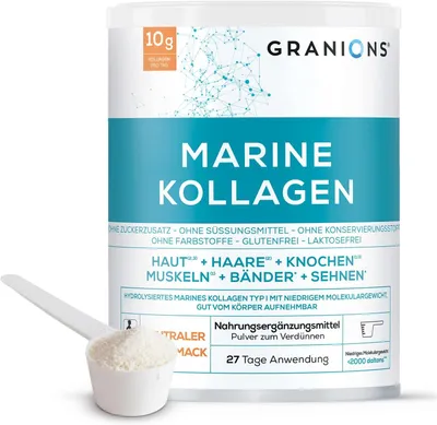 Produktbild von KOLLAGEN PULVER - GRANIONS - Kollagenpulver Typ 1 - Hydrolysiertes Kollagen mit niedrigem Molekulargewicht - Vitamin C - Marine Kollagenpulver