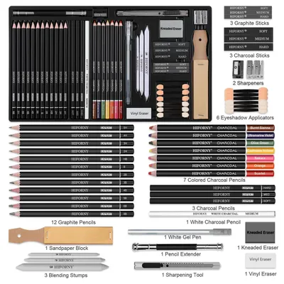 Image de Jeu de 46 crayons de croquis comprenant des crayons de couleur, du graphite, du charbon et des accessoires