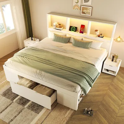 Immagine prodotto di Letto a castello in legno Merax, dimensioni 140x200 cm, con 2 comodini regolabili, letto multifunzione con illuminazione LED e cassetto, letto per ragazzi con porta USB Type-C, bianco