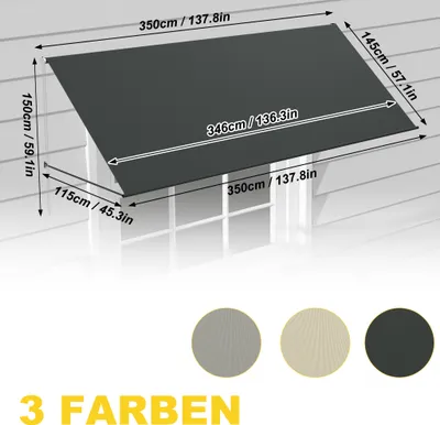 Produktbild von UISEBRT Fallarmmarkise 350x145 cm Anthrazit – Wandmontierte Balkonmarkise mit robustem Aluminiumrahmen & wasserabweisendem Stoff, ideal für Fenster, Terrasse oder Bistro