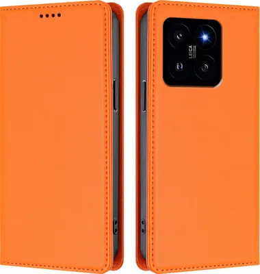 Image de Étui en cuir pour Xiaomi 14, étui à rabat magnétique en cuirPolyuréthaneavec support, orange