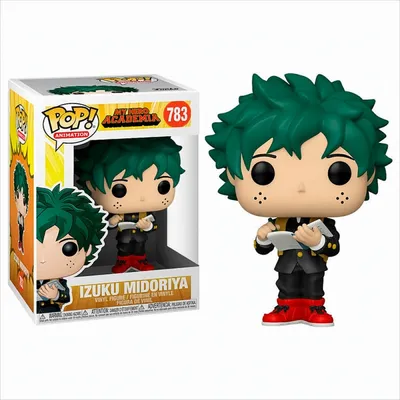 A Funko Pop! vinyl figure of Izuku Midoriya from My Hero Academia, shown both in its packaging and outside of it.