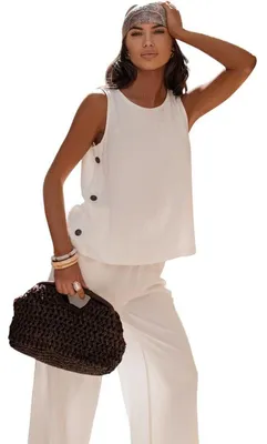 Produktbild von Damen Leinen-Viskose Set Zweiteiler Sommer Outfit mit ärmellosem Top & weiter Hose Ecru/L/XL