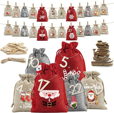 Image de Calendrier de l'Avent à remplir - 24 calendriers de l'Avent - À remplir soi-même - Contient du tissu avec des cartes en bois imprimées numériquement - Clips en bois - Corde en chanvre - 2 tailles