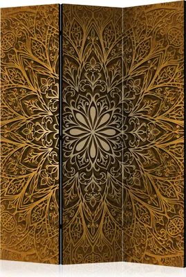A three-panel room divider with an intricate golden mandala pattern on a dark brown background.
