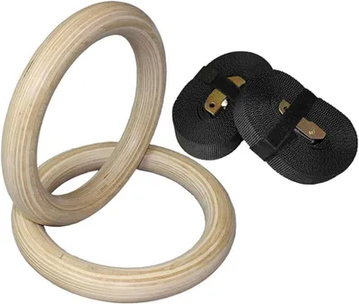 Immagine prodotto di Anelli per ginnastica - Anelli per esercizi di forza - Lunghezza regolabile - Diametro di 32 mm - Legno naturale