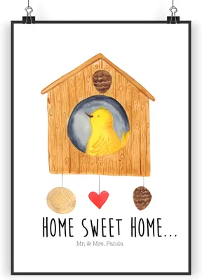 Produktbild von Mr. & Mrs. Panda Bild Vogelhaus Home DIN A5 - Weiß - Geschenk, wanddeko, Einzug, Umzug, Haus, Wandbild, Vogel, Kunstdruck, Lustige Sprüche, drucke, poster