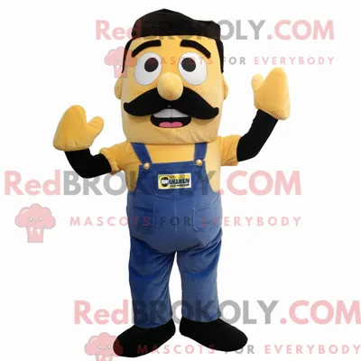 Productafbeelding van Gouden REDBROKOLY Moussaka-mascottekostuum gekleed met een tuinbroek en stropdassen