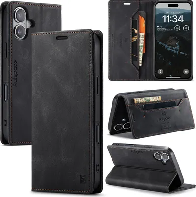 Produktbild von Hülle für iPhone 16 Plus, Retro Kunstleder Tasche Kartenfächern und Ständer Schutzhülle Schwarz