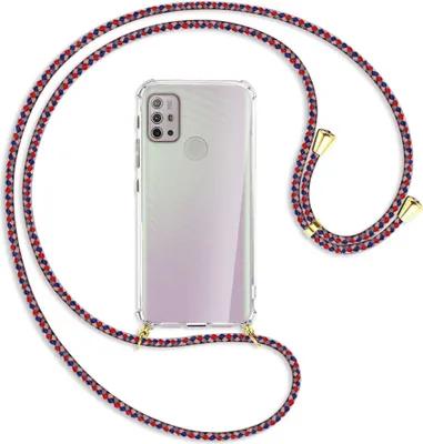 Produktbild von Handykette Backcover-Schutzhülle mit Band (Metall goldfarben) für Motorola Moto G10 (Power), G20, G30 - silber/blau/rot