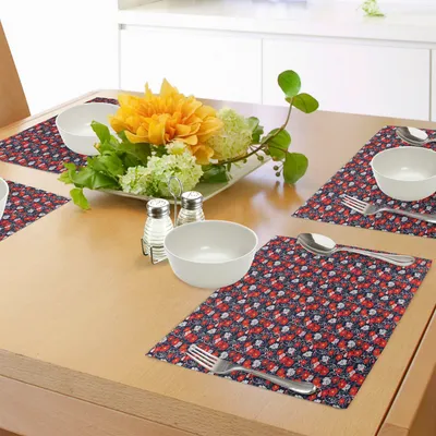 Produktbild von ABAKUHAUS Frühling Platzmatten, Bunte blühende Blumenblätter kritzeln Art-Zusammenfassungs-Laub-Schattenbilder, Digitaldruck auf Waschbaren Stoff Tischdekoration Küche, Zinnoberrot Dunkelblau Gelb