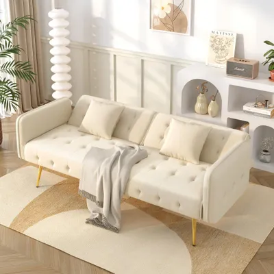 Produktbild von Multifunktion Zweisitzer-Sofabett mit verstellbarer Rückenlehne & mehrstufigen Armlehnen, Faltsofa mit Veloursbezug & Liegefläche,für Wohnzimmer, 178x82x70cm, Beige
