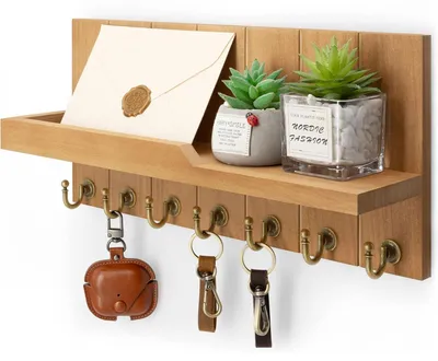 Image de Étagère murale en bois avec 7 crochets robustes pour clés