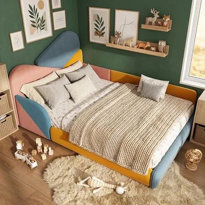 Immagine prodotto di Letto per bambini Flieks, 140x200 cm, con protezioni laterali, letto imbottito con testiera colorata, letto matrimoniale in legno con rete a doghe, letto a terra in velluto, colore blu