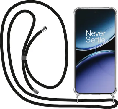 A transparent phone case with a black lanyard attached to a smartphone.