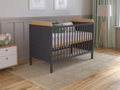 Produktbild von Babybett Beistellbett 120x60 cm mit Matratze,Gitterbett Komplett Set,Umwandelbar in Juniorbett Anthrazit-Kiefer