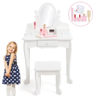 Produktbild von Kinderschminktisch Kinder Schminktisch aus MDF mit Spiegel und Hocker ohne Licht Wei? 65x39x21 cm