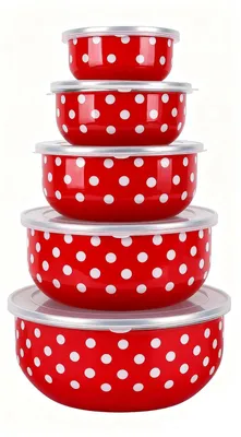 Produktbild von Emaille Schüssel mit Deckel Schüsselset - 5 Stück - Rot mit weißen Punkten - Verschiedene Größen - Zum Aufbewahren und Servieren