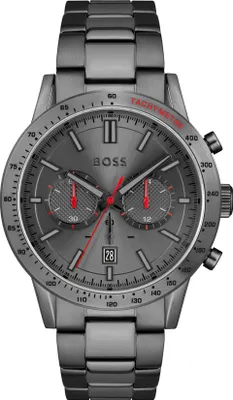 A close-up studio shot of a men's Hugo Boss chronograph watch.
