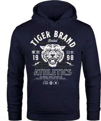 Produktbild von Cooles Herren Hoodie Tiger Brand Tokyo Supply Japan Athletic Sport Muskelshirt Muscle Shirt Neverless® navy-weiß XS
