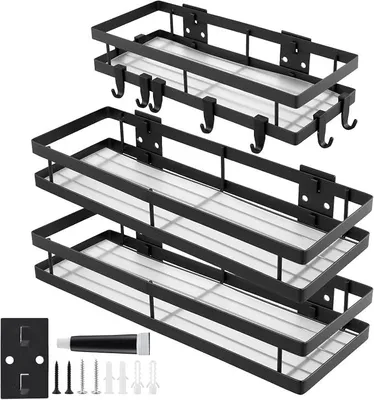 Produktbild von PolkaHome® Set von 3 Wandregalen für Küche und Gewürze – ohne Bohren, mit Haken, Schwarz, 30 x 12 x 7 cm & 35 x 12 x 7 cm