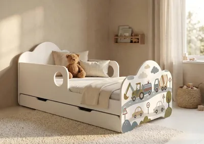 Produktbild von Happy Babies Kinderbett mit Rausfallschutz Junge 160x80 Bett für Kinderzimmer mit Schublade Matratze Einzelbett für Kinder Weiss, Prinzessin, Auto
