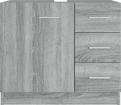 A close-up studio shot of a gray washbasin cabinet with drawers.