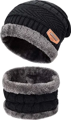 Immagine prodotto di Cappello + sciarpa da uomo in maglia con fodera calda, nero, A0338