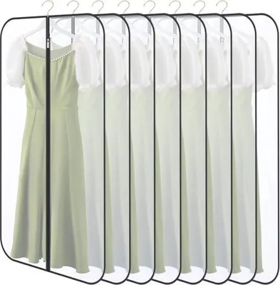 Image de Ensemble de 8 sacs de protection pour vêtements Unyqoos® – 8 housses transparentes en PEVA de 60 x 140 cm avec fermeture éclair, couleur noire, pour protéger costumes, chemises et manteaux