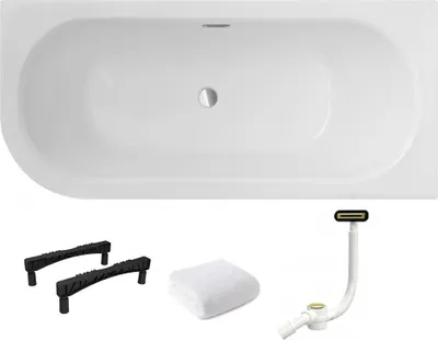 Produktbild von Aqua For You | Badewanne - Besco Avita - 180 x 80 cm - Asymmetrisch – Acryl – Gold Siphon – Gestell Typ W – Modern – Duschbadewanne geeignet