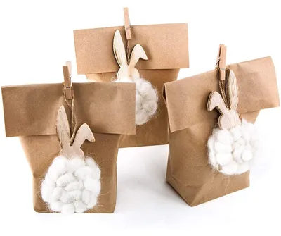 Produktbild von SET Ostern Verpackung: 3 Papiertüte braun 14 x 22 cm + 3 weiße Osterhasen Anhänger Osterdeko Hänger Osternest Kinder give-away Kunden Osterhänger