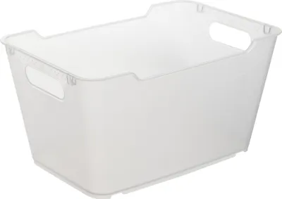 A clear, professional studio shot of a transparent storage bin with handles.