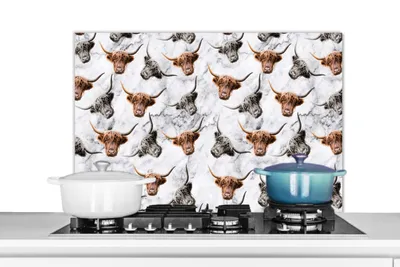 Obrázok produktu pre MuchoWow® Splashback Kuchyňa - Kuchynský backsplash - Ochrana steny pre sporák a drez Škótsky horal - Krava - Mramor 90x60cm Alu-Dibond (alternatíva k