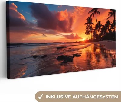 Produktbild von MuchoWow® - Leinwandbilder - Sonnenuntergang - Palmen - Strand - Meer - Horizont, Wandbild, Wanddeko Bilder Wohnzimmer, 40x20 cm