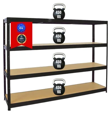 Produktbild von Schwerlastregal DINO | HxBxT 180x240x60cm | 4 MDF-Platten-Ebenen 6,5 mm | Fachlast 450kg | Schwarz