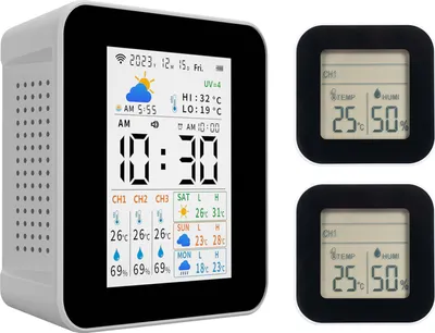 Produktbild von Thermometer fuer drinnen und draussen, kabellose Tuya-Wetterstation mit 2 Sensoren, Feuchtigkeits- und Temperaturmesser, Echtzeit-Prognosemonitor, Unterstuetzung fuer Wecker, Datum und Uhrzeit